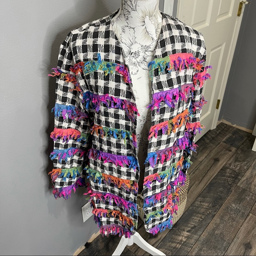 Vintage Paula Sweet Women’s Muslin Mink Fringe Neon Gingham Cardigan Top Medium - Picture 2 of 4